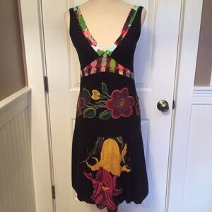 DESIGUAL DRESS BLACK MULTI FLORAL V FRONT BACK SLEEVELESS SASH S Fit